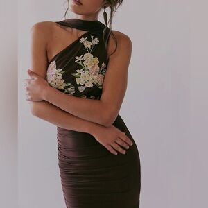 Elegant One-Shoulder Brown Floral Maxi Dress